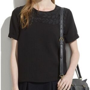 Madewell T-Shirt Embroidered Ivy Leaf Design Top Cuff Sleeves Crew Neck Black XS